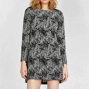 Zara Dress Floral Printed Black & White Shift Long Sleeve Size S